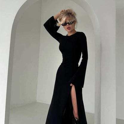 Elegant Little Black Maxi Dress - Split A-Line Crew Neck Long Sleeve Winter 2025 Style