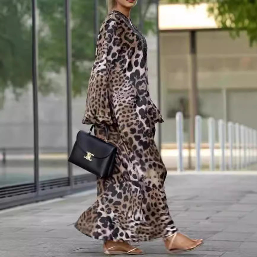 Loose Leopard Print Maxi Dress - V-Neck Lantern Sleeve Thanksgiving Outfit 2025 | Casual & Chic