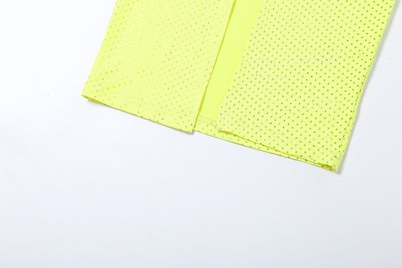 Summer Outfits 2024 | Neon Yello Aesthetic Rhinestone Crop Top Skirt Outfit 2-piece Set