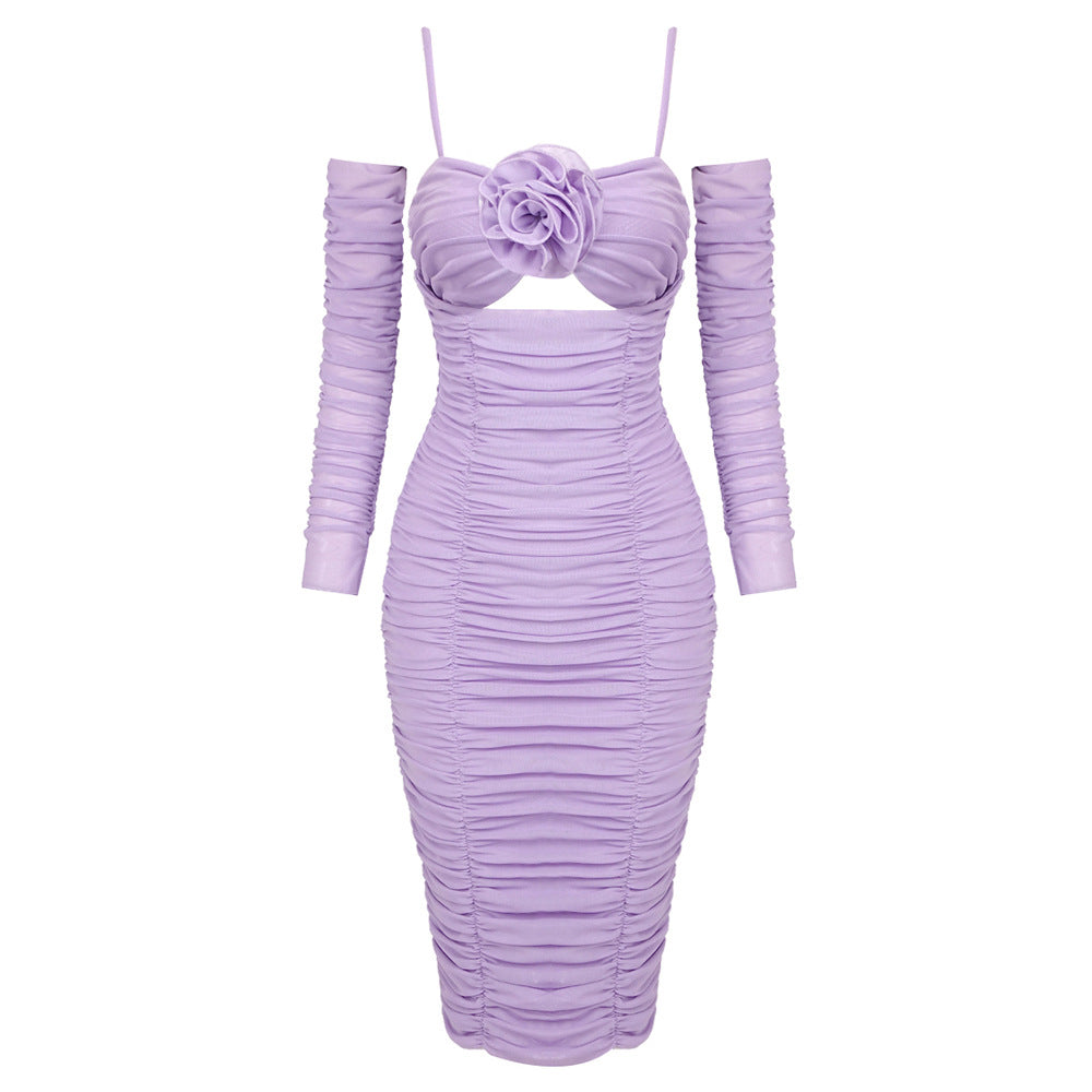 Summer Dresses 2024 | 3D Floral Lilac Lavender Opera Gloves Pleated Dress