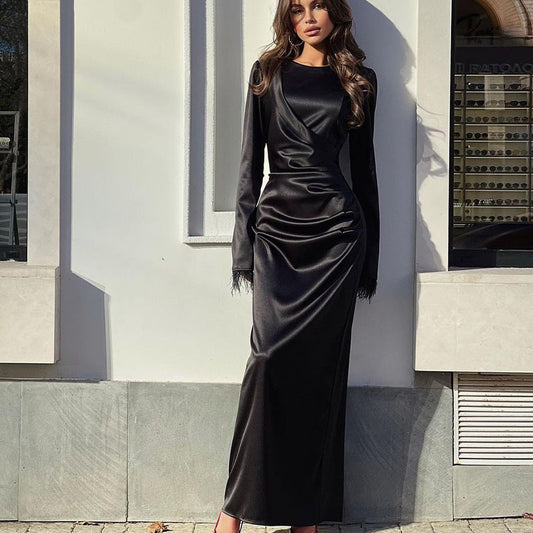 Satin Slim Waist Controlled Long Sleeve Feather Maxi Dress for Women
