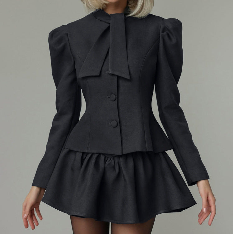 TGC “Noir Grace” Bow-Tie Set | Elegant Two-Piece Skirt & Blouse Ensemble