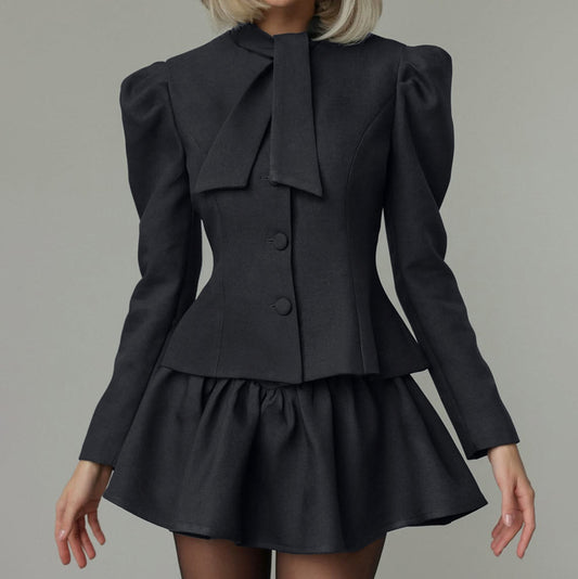 TGC “Noir Grace” Bow-Tie Set | Elegant Two-Piece Skirt & Blouse Ensemble