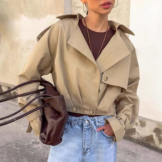 TGC “Autumn Edit” Khaki Trench Coat | Double-Breasted Short Casual Cropped Jacket