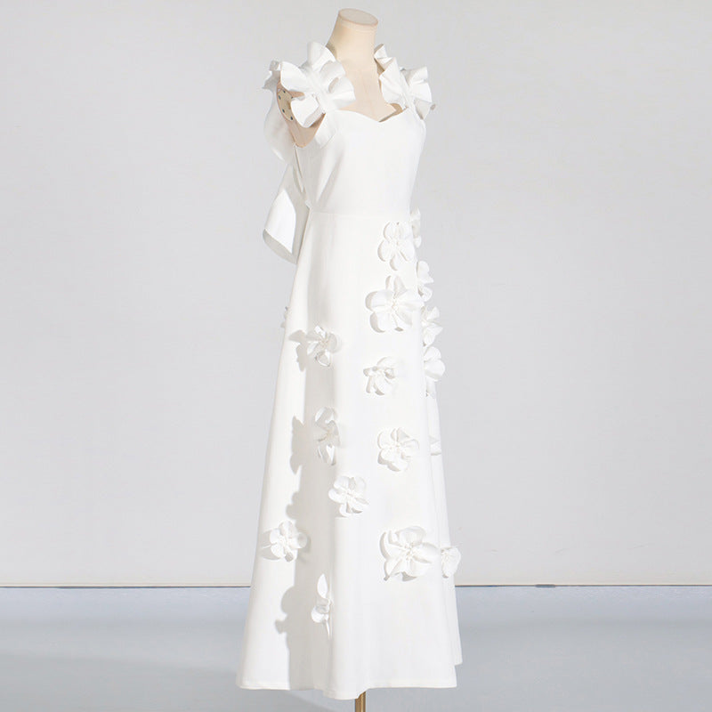 [Éclat Blanc Dress] | High Grade Floral Stitching White Slim Fit Backless Summer Dress – Elegant Women’s Occasion Wear by TGC