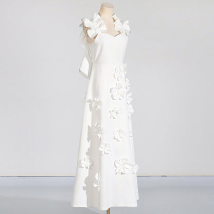 [Éclat Blanc Dress] | High Grade Floral Stitching White Slim Fit Backless Summer Dress – Elegant Women’s Occasion Wear by TGC