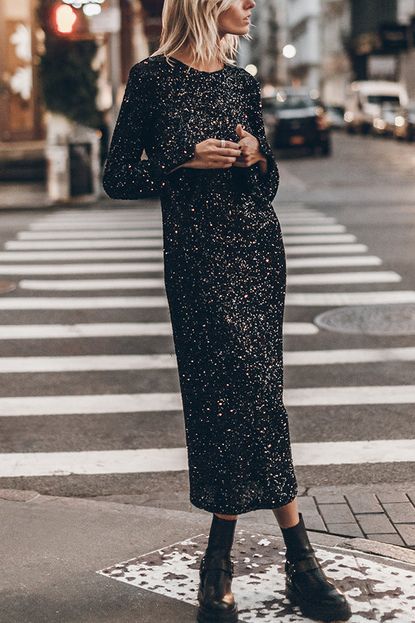 Simple Sequin Long Sleeve Dress - Shiny Cut-Out Back Winter Dress