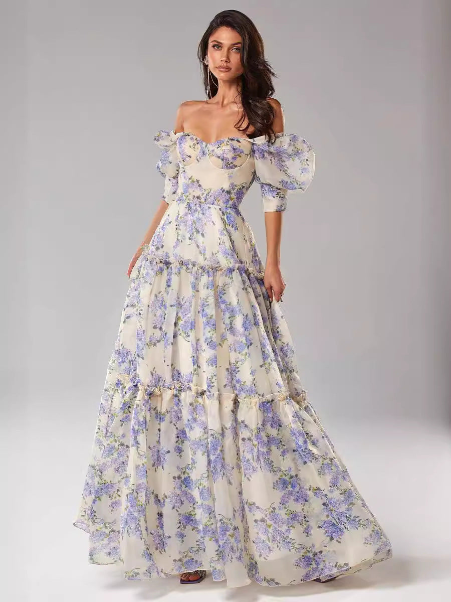 Spring Dresses 2024 | Elegant Ruffles Off Shoulder Floral Organza Maxi Spring Dress