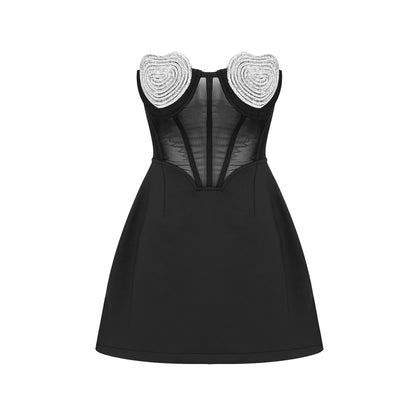 Black Mini Dress | Rhinestone See Through Corset Mini Dress