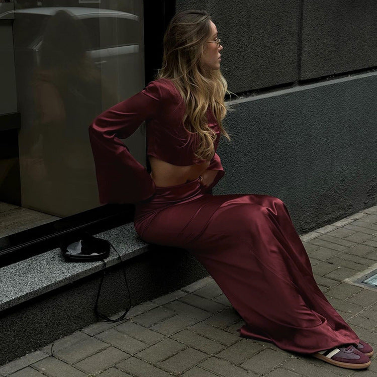 Winter Outfit | Burgundy Long Sleeve Cropped Top & Satin Draping Skirt Set