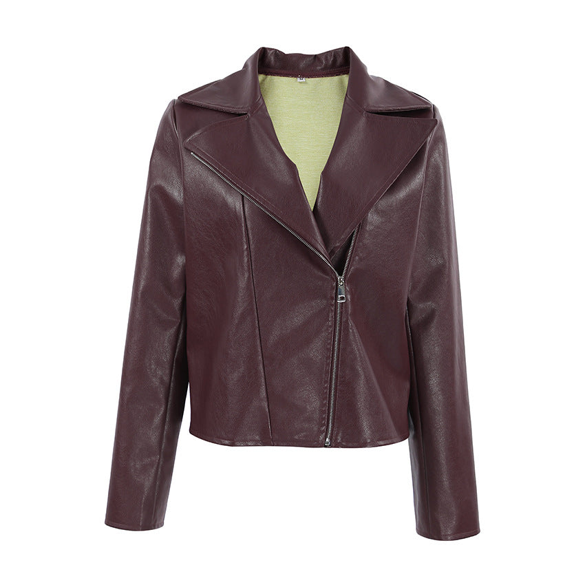 Burgundy Retro Leather Jacket - Wine Red Artificial Leather Collar Long Sleeve Loose Fit | Fall/Winter Commuting Style