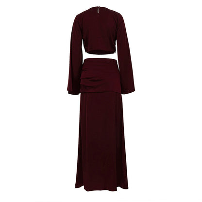 Winter Outfit | Burgundy Long Sleeve Cropped Top & Satin Draping Skirt Set