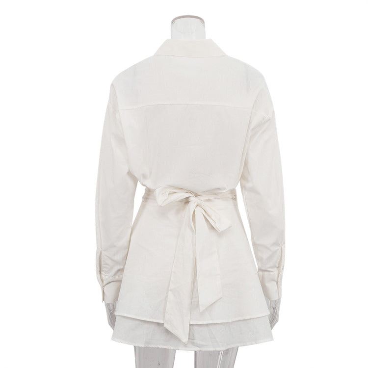 [Double Grace Skirt Set] | Elegant Collared Long Sleeve Top & Double Layer Lace-Up A-Line Skirt – Cotton Two Piece by TGC