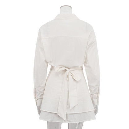 [Double Grace Skirt Set] | Elegant Collared Long Sleeve Top & Double Layer Lace-Up A-Line Skirt – Cotton Two Piece by TGC