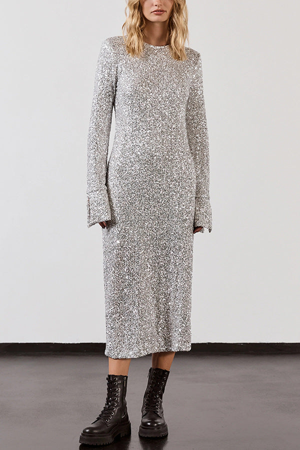 Simple Sequin Long Sleeve Dress - Shiny Cut-Out Back Winter Dress