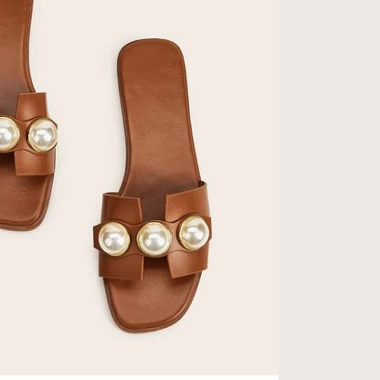 [The Eden Pearl Slide] | Elegant Flat Slippers with Oversized Pearls | Lightweight Beach to Brunch Sandals by TGC – Trust God Claudia