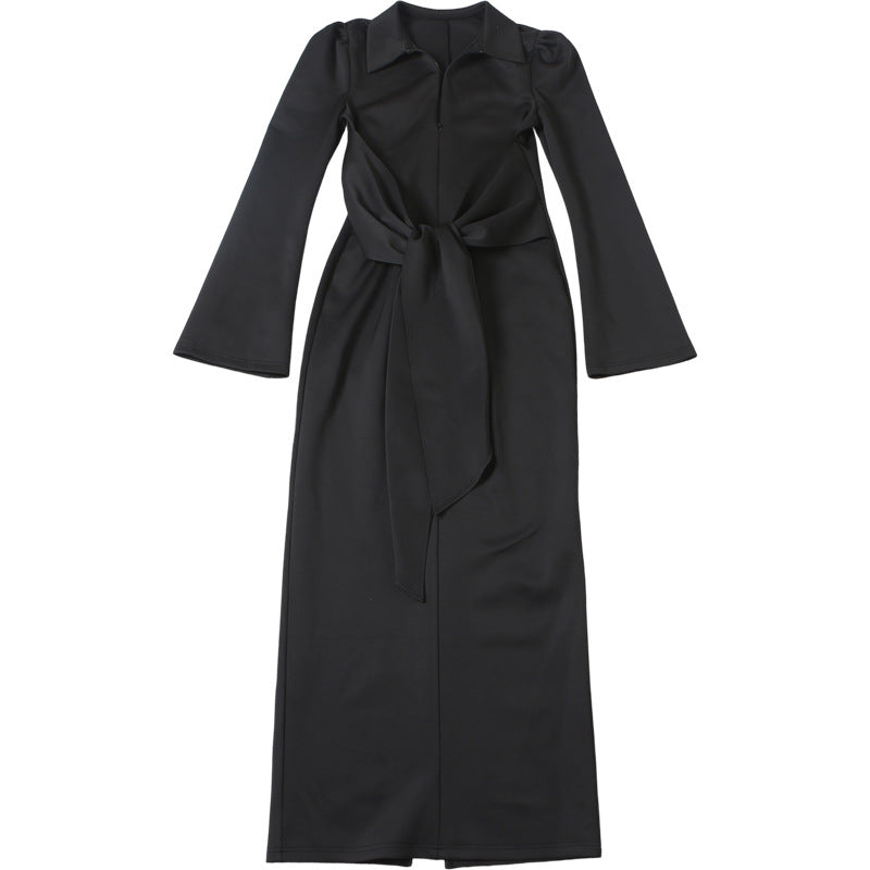 TGC “Céleste” Collared Maxi Dress | Slim Fit Lace-Up Waist & Front Split Elegance