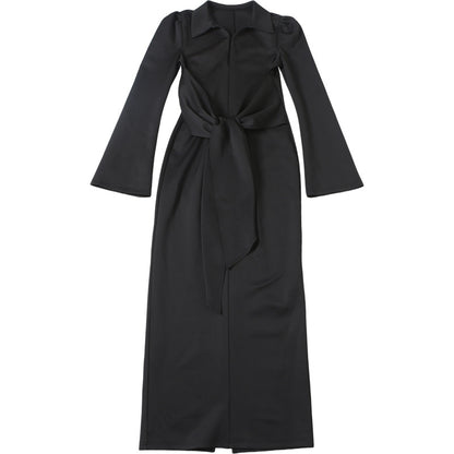 TGC “Céleste” Collared Maxi Dress | Slim Fit Lace-Up Waist & Front Split Elegance