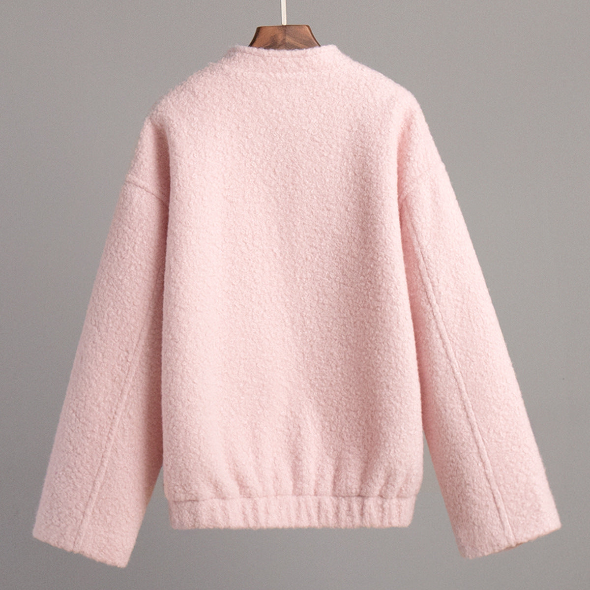 Soft Pink Furry Jacket - Casual Short Stand Collar Winter Coat with Drop Shoulder Sleeves