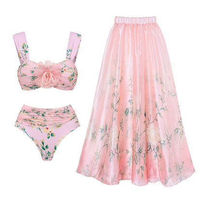 Summer Outfits 2024 | 3D Pink Floral Ruffles Bikini One Piece Swimsuit Skirt Outfit