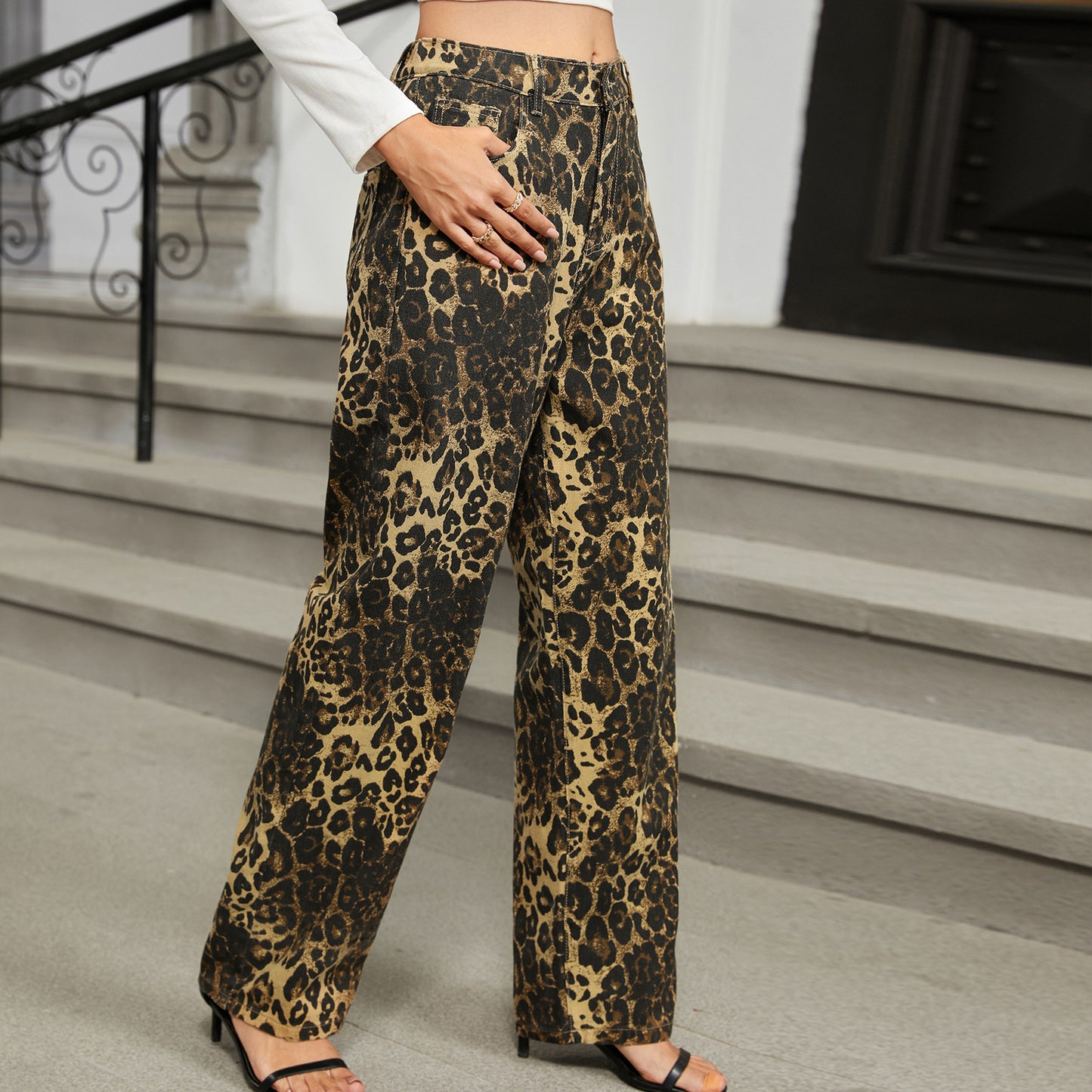 2024 Fashion Trends, Leopard Denim Straight Leg Trousers Pants