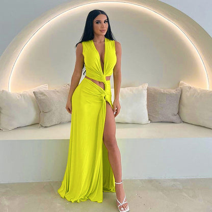 Fashion Trends 2024 | Neon Yellow Twist Cut Out Slit Maxi Dress