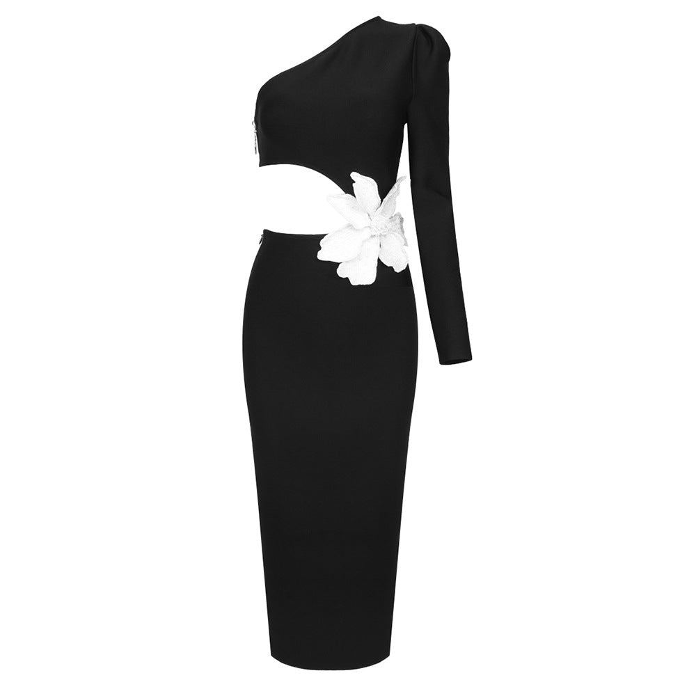 Winter Formal Dresses | One Shoulder Cut Out White Pearl Black Dress