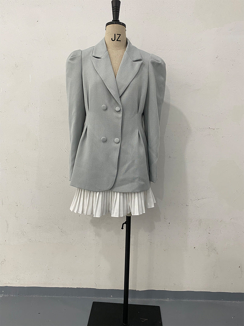 TGC “Heartline” Mini Suit Set | Long Sleeve Collared Blazer & Skirt in Pink, Dark Gray, Light Gray