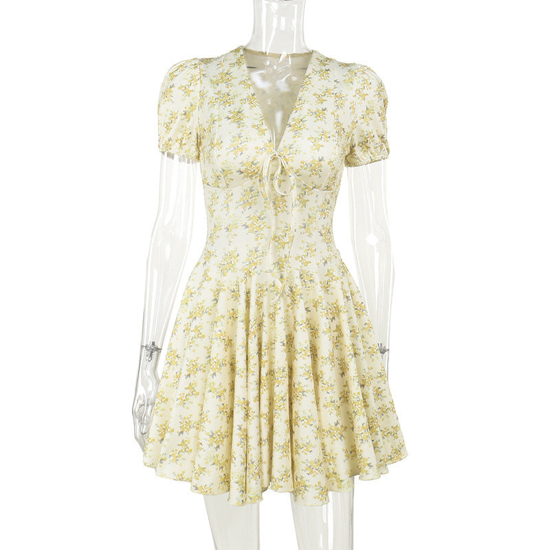 Spring Dresses 2024 | Yellow French Floral Slim Fit Puff Sleeve Mini Dress