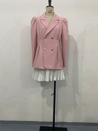 TGC “Heartline” Mini Suit Set | Long Sleeve Collared Blazer & Skirt in Pink, Dark Gray, Light Gray