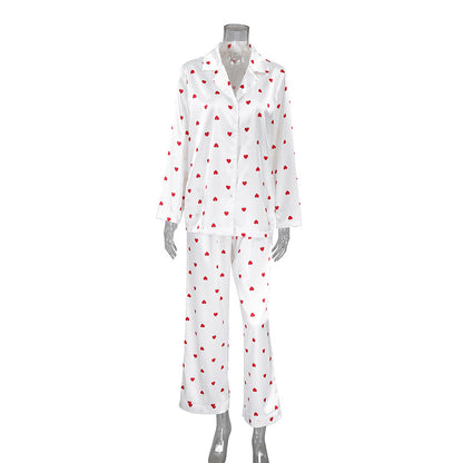 Summer Pajamas | Artificial Silk Hearts Shirt Pants Outfit 2-piece Set