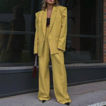 Golden Hour” 2-Piece Set | Yellow Collared Coat & Wide Leg Pants | Fall/Winter Office Elegance