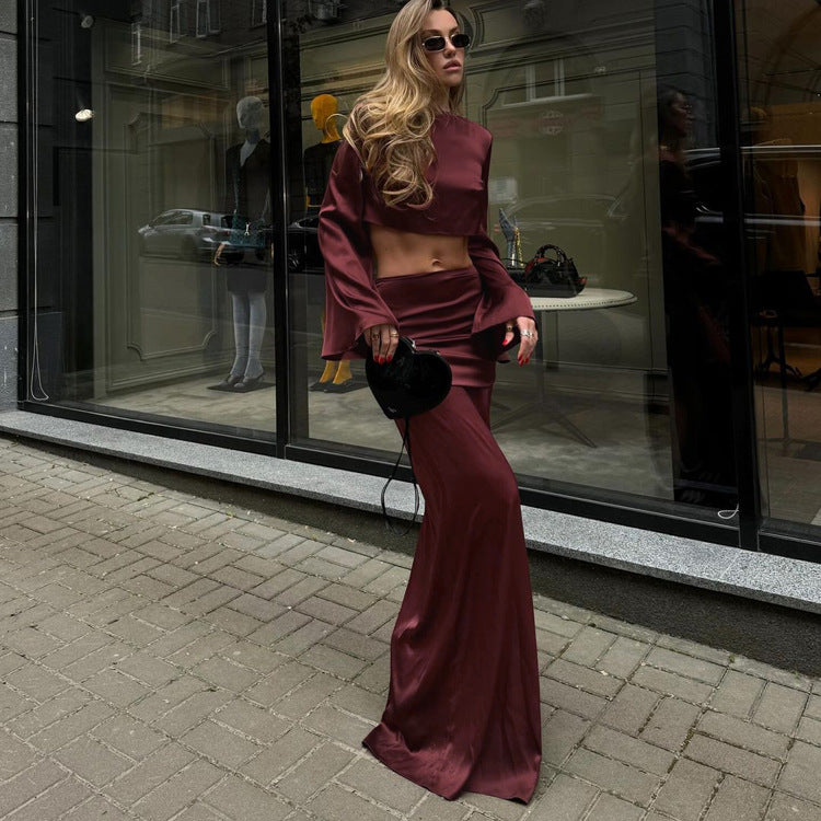 Winter Outfit | Burgundy Long Sleeve Cropped Top & Satin Draping Skirt Set