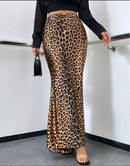 TGC FASHION 2024 Fashion Fall Outfits, Satin Maxi Leopard Fishtail Skirt