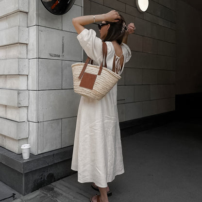 2024 Capsule Wardrobe | Beige Aesthetic Cotton Long Sleeve V Neck Maxi Dress