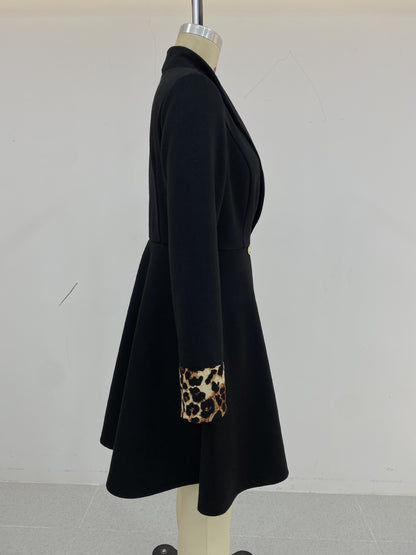 TGC Fashion Fall Outfits 2024, Leopard Print Cuffs Long Black Blazer Coat