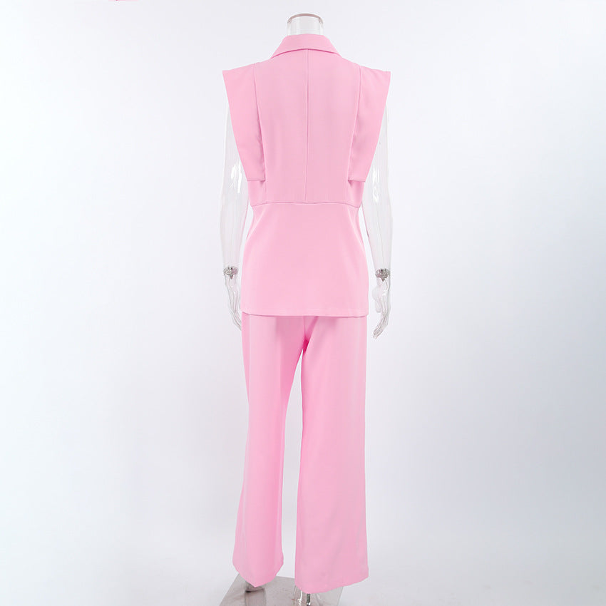 TGC “Blush Balance” Summer Set | Pink Sleeveless Collared Waistcoat & Wide Leg Pants | Casual Office Chic