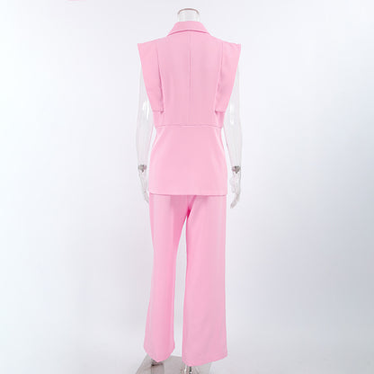 TGC “Blush Balance” Summer Set | Pink Sleeveless Collared Waistcoat & Wide Leg Pants | Casual Office Chic