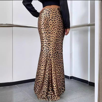 TGC FASHION 2024 Fashion Fall Outfits, Satin Maxi Leopard Fishtail Skirt