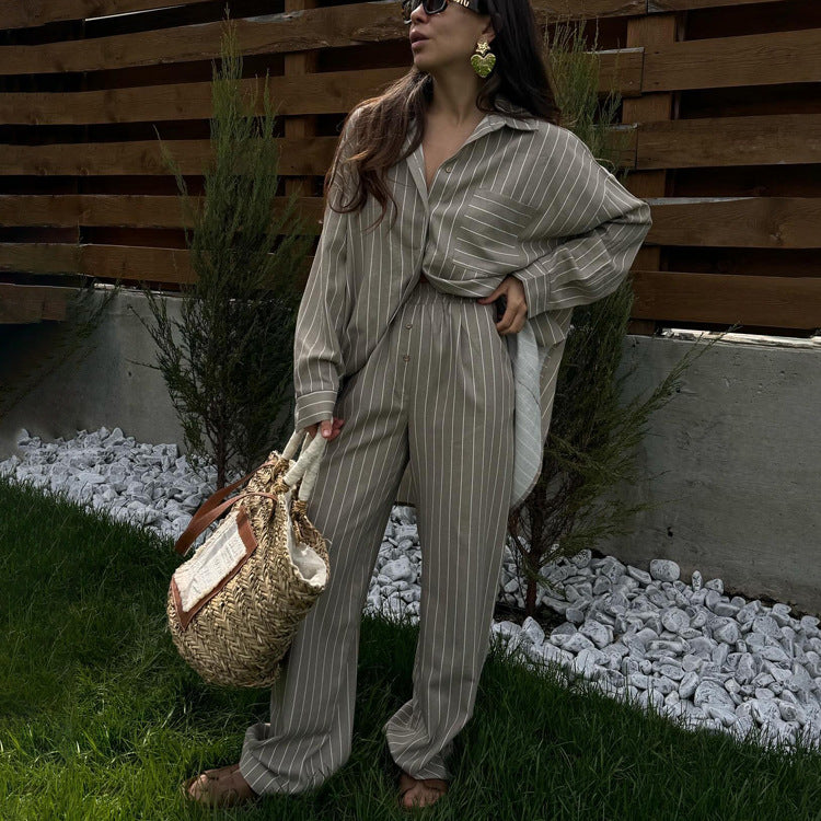 Christmas Outfit, Striped Long Sleeve Shirt Wide Leg Pants Outfit 2-piece Set