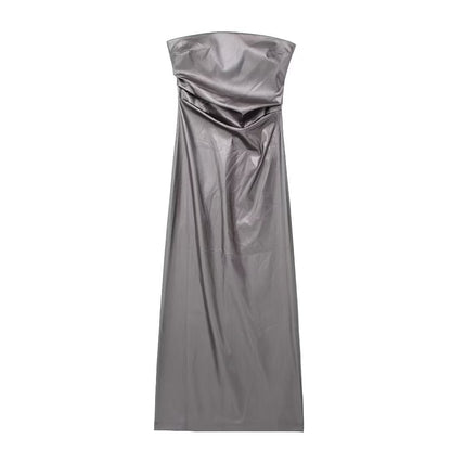 Silver Aesthetic Dress | Tube Top Metallic Chrome Silver Dress