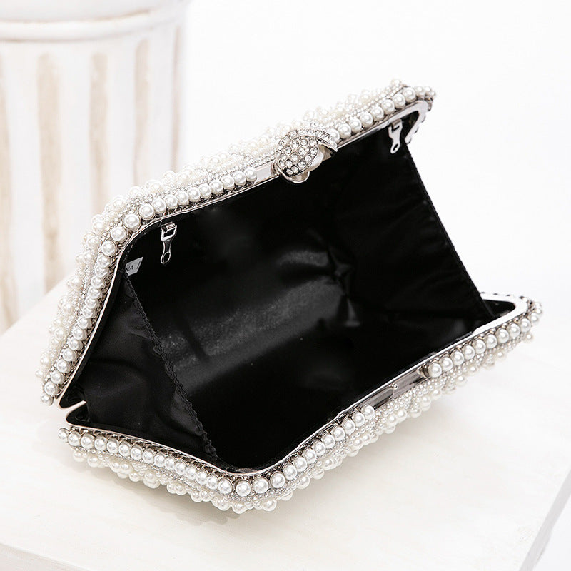 [The Esther Pearl Clutch] | Light Ivory Snap Evening Bag with Chain – Elegant Party & Dinner Tote by TGC