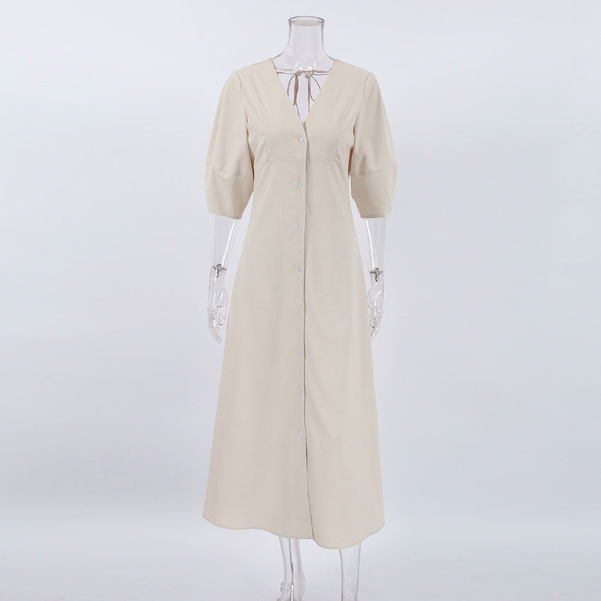 2024 Capsule Wardrobe | Beige Aesthetic Cotton Long Sleeve V Neck Maxi Dress