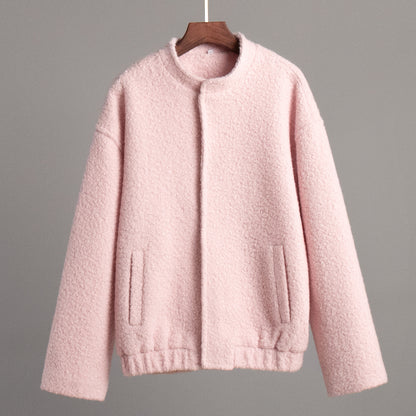 Soft Pink Furry Jacket - Casual Short Stand Collar Winter Coat with Drop Shoulder Sleeves