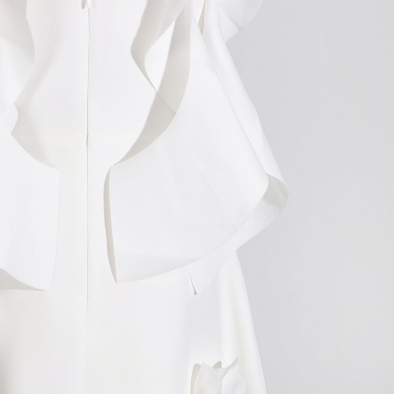 [Éclat Blanc Dress] | High Grade Floral Stitching White Slim Fit Backless Summer Dress – Elegant Women’s Occasion Wear by TGC