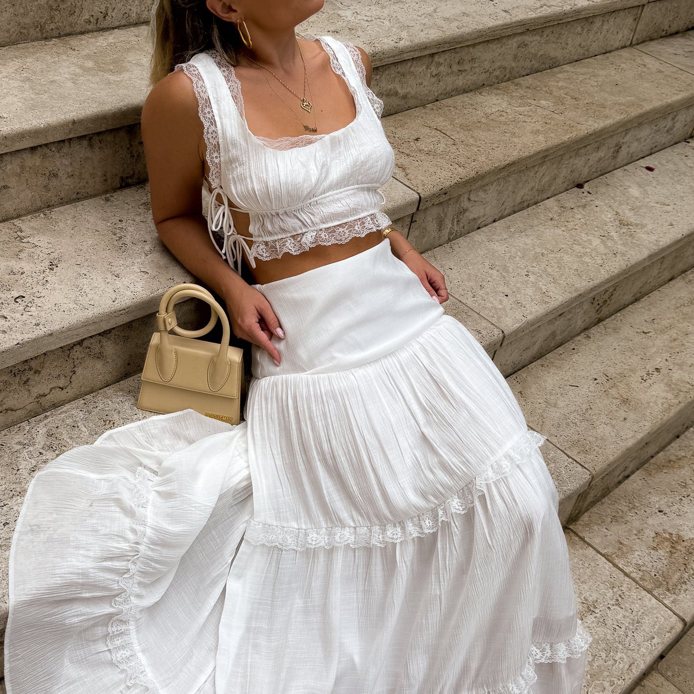 Summer Outfits 2024 | White Lace Crop Top High Waist Ruffles Maxi Skirt Outfit 2-piece Set