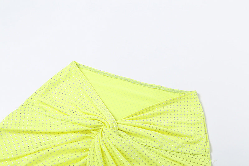 Summer Outfits 2024 | Neon Yello Aesthetic Rhinestone Crop Top Skirt Outfit 2-piece Set