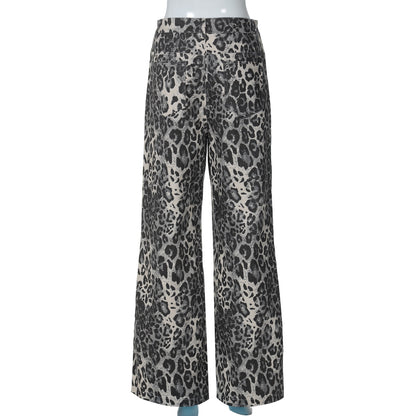 2024 Fashion Trends, Gray Leopard Retro Low Waist Straight Leg Pants