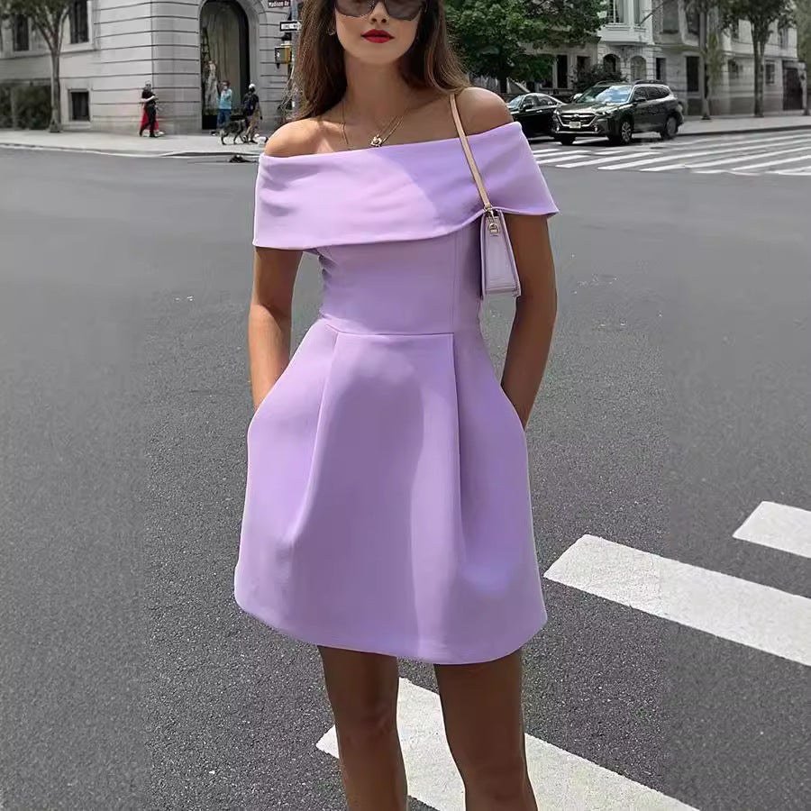 Spring/Summer 2025 Off-Shoulder Lilac Mini Dress with Pockets S / Black Spring/Summer 2025 Off-Shoulder Lilac Mini Dress with Pockets S / Black