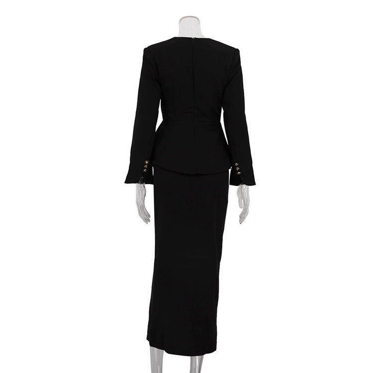 TGC “Noir Contour” Set | Square-Neck Cardigan & Midi Skirt